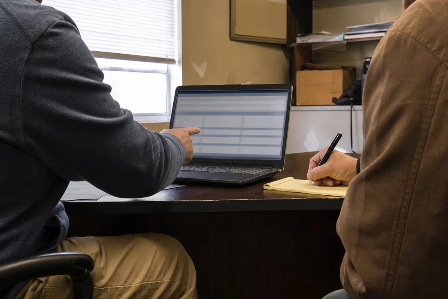 Two men at a dark wood office desk; one points at a spreadsheet on a laptop screen while the other writes notes on a yellow legal pad.