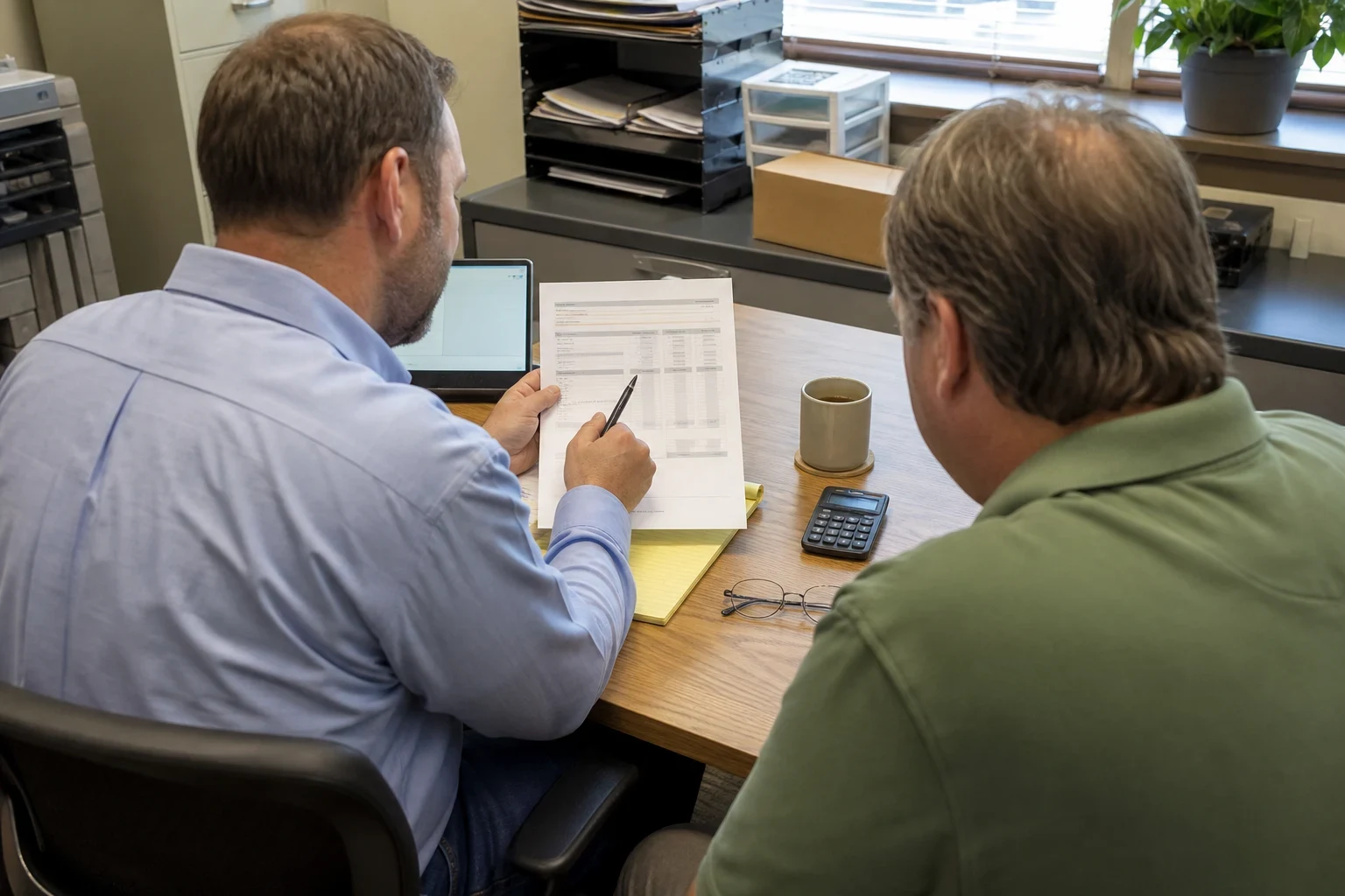 Two men at an office desk reviewing a printed statement with a pen, a yellow notepad, calculator, glasses and coffee mug nearby, with a laptop and filing cabinet behind.